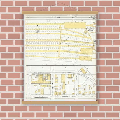 Old map wall art mockup — magnetic wood frame on brick wall — Sanborn Fire Insurance Map from Beaumont, Jefferson County, Texas (1904), Sheet #0024