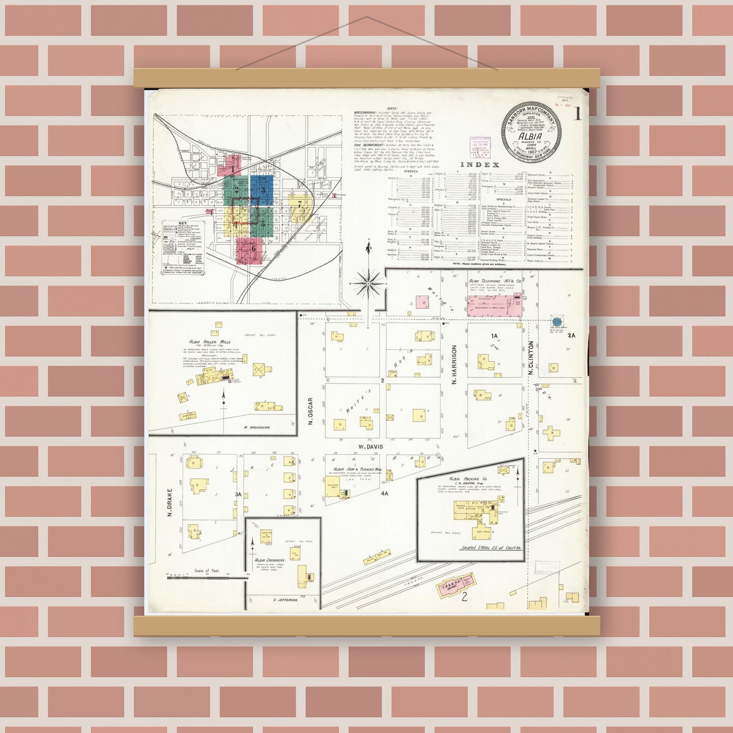 Old map wall art mockup — magnetic wood frame on brick wall — Sanborn Fire Insurance Map from Albia, Monroe County, Iowa (1907) â€” Complete Set
