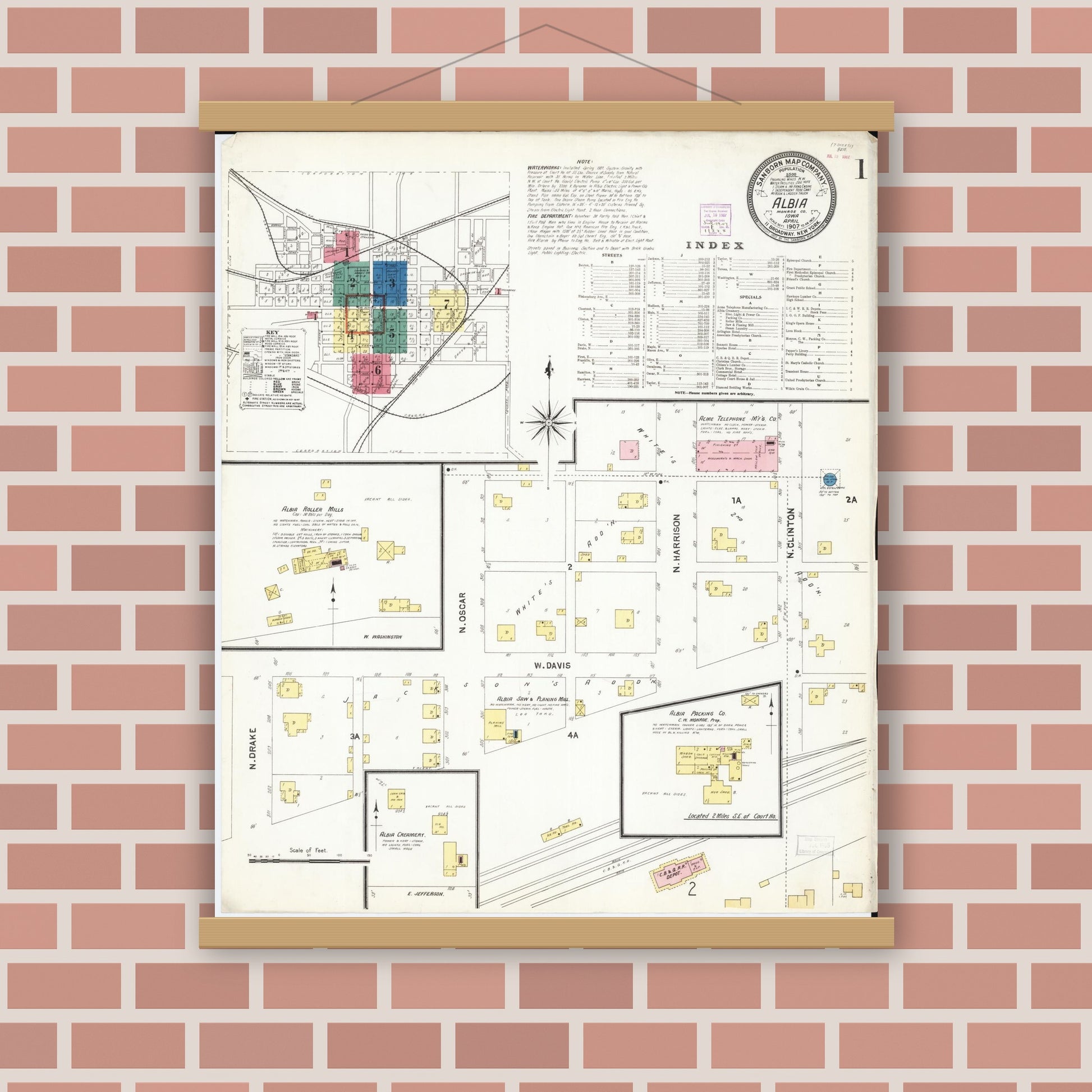 Old map wall art mockup — magnetic wood frame on brick wall — Sanborn Fire Insurance Map from Albia, Monroe County, Iowa (1907) â€” Complete Set
