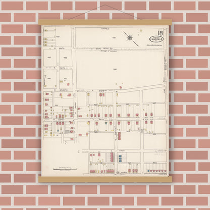 Old map wall art mockup — magnetic wood frame on brick wall — Sanborn Fire Insurance Map from Lansdale, Montgomery County, Pennsylvania (1922), Sheet #0018