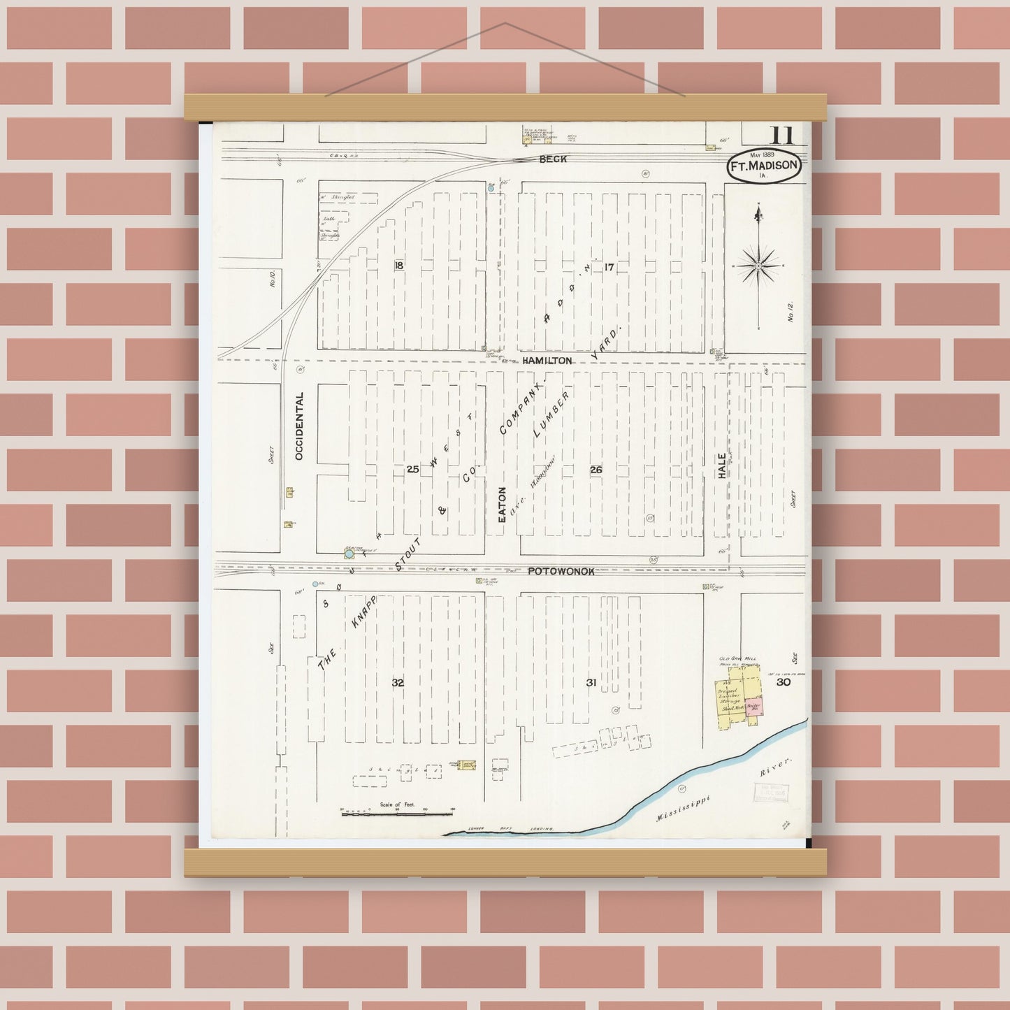 Old map wall art mockup — magnetic wood frame on brick wall — Sanborn Fire Insurance Map from Fort Madison, Lee County, Iowa (1889), Sheet #0011