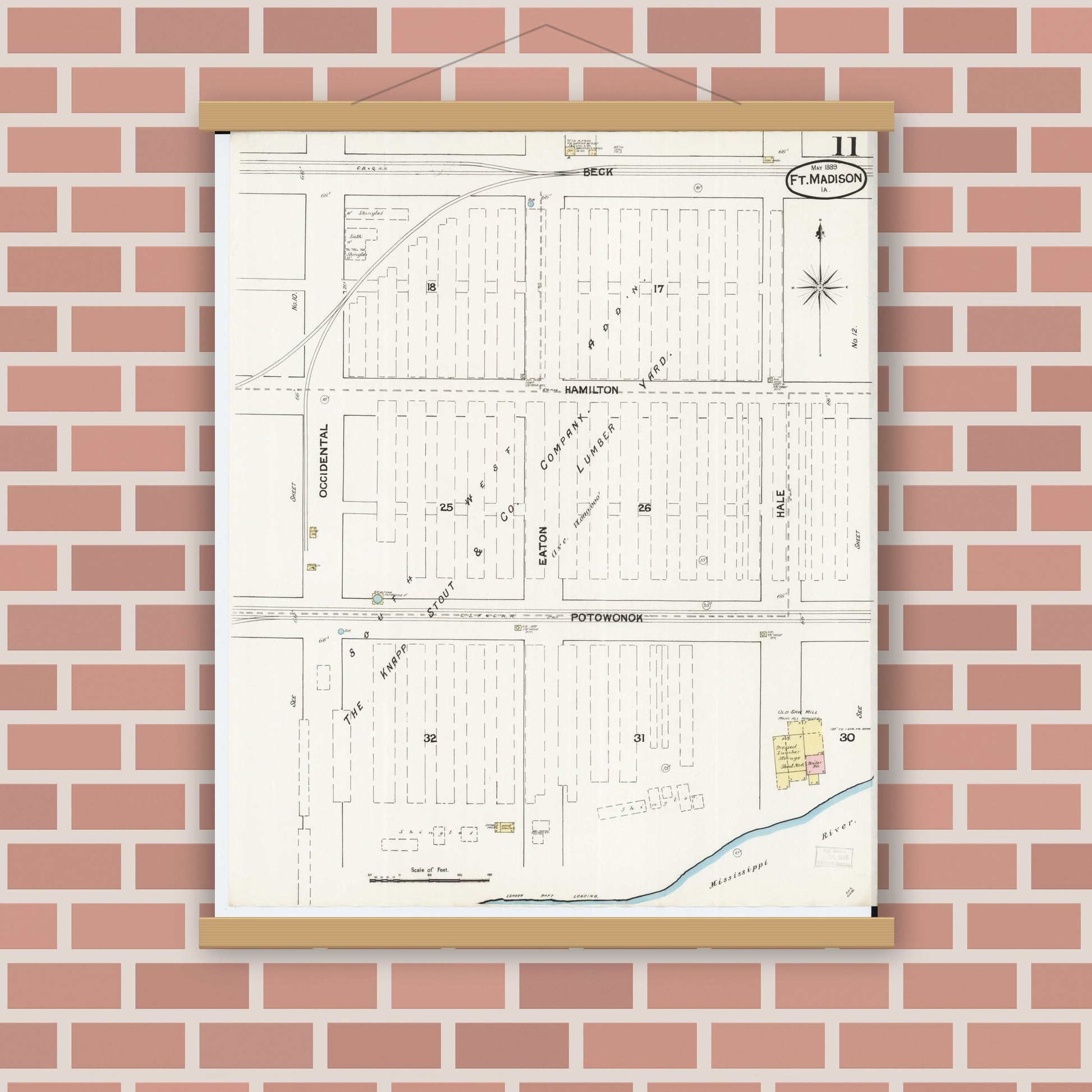 Old map wall art mockup — magnetic wood frame on brick wall — Sanborn Fire Insurance Map from Fort Madison, Lee County, Iowa (1889), Sheet #0011