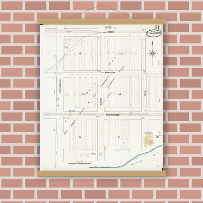 Old map wall art mockup — magnetic wood frame on brick wall — Sanborn Fire Insurance Map from Fort Madison, Lee County, Iowa (1889), Sheet #0011