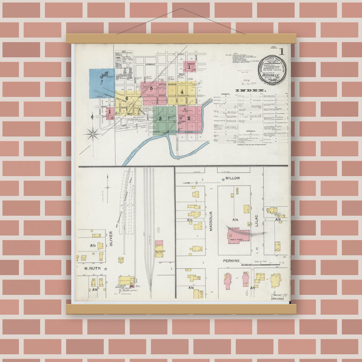 Old map wall art mockup — magnetic wood frame on brick wall — Sanborn Fire Insurance Map from Rushville, Rush County, Indiana (1892) - Complete Map Set