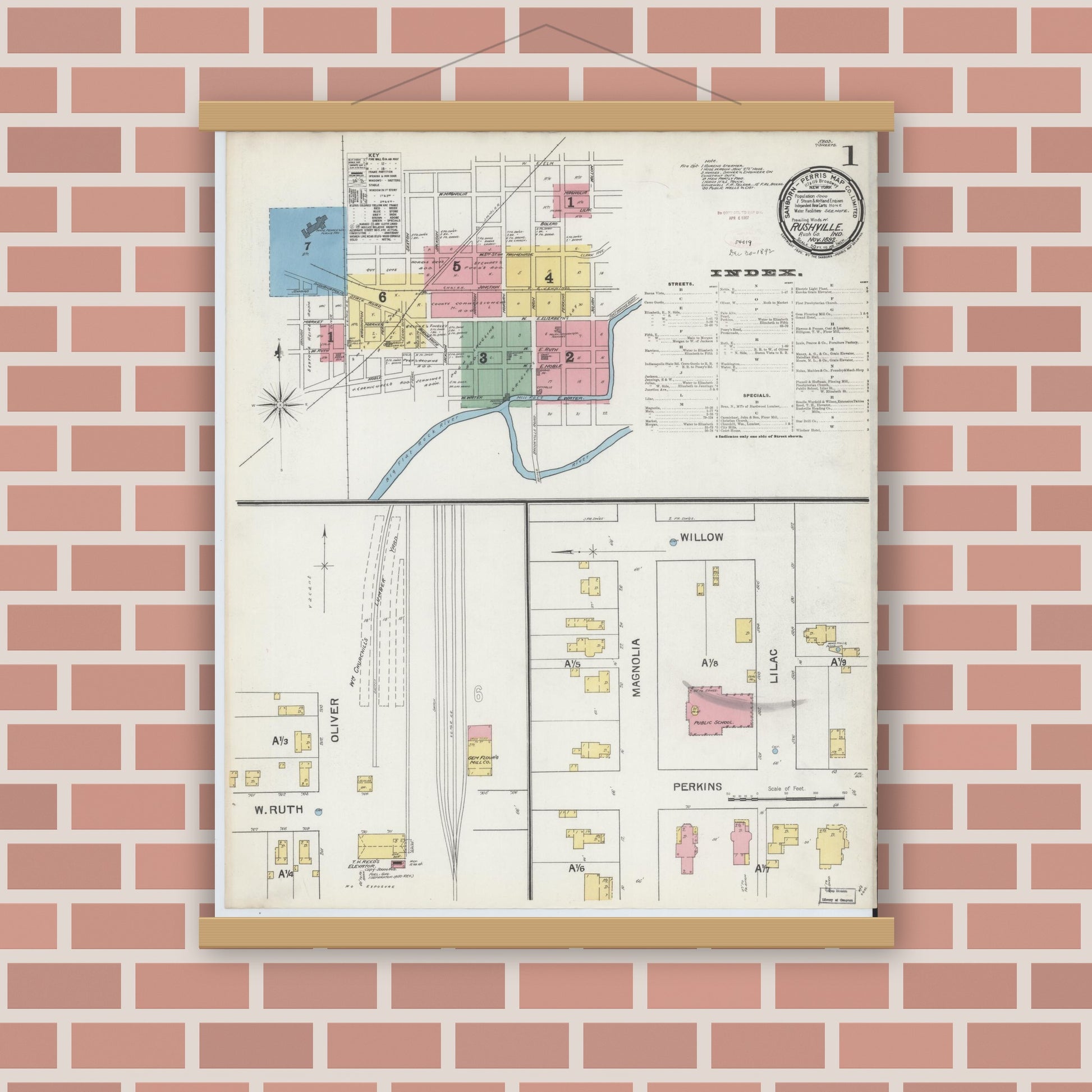 Old map wall art mockup — magnetic wood frame on brick wall — Sanborn Fire Insurance Map from Rushville, Rush County, Indiana (1892) - Complete Map Set