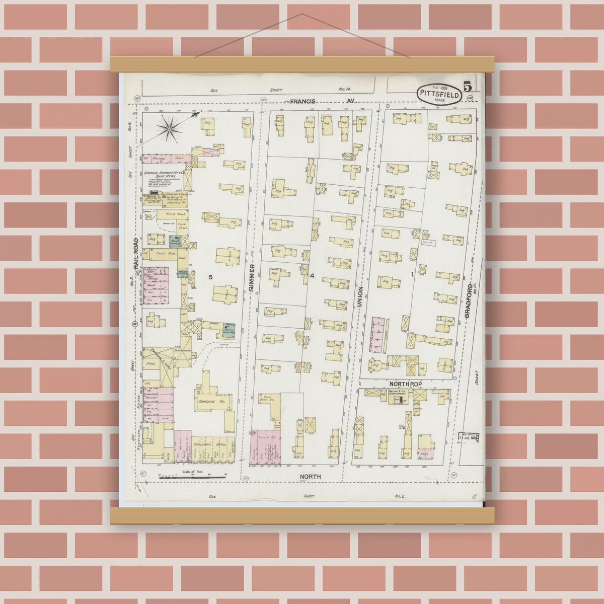 Old map wall art mockup — magnetic wood frame on brick wall — Sanborn Fire Insurance Map from Pittsfield, Berkshire County, Massachusetts (1889), Sheet #0005