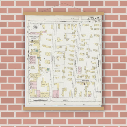 Old map wall art mockup — magnetic wood frame on brick wall — Sanborn Fire Insurance Map from Pittsfield, Berkshire County, Massachusetts (1889), Sheet #0005