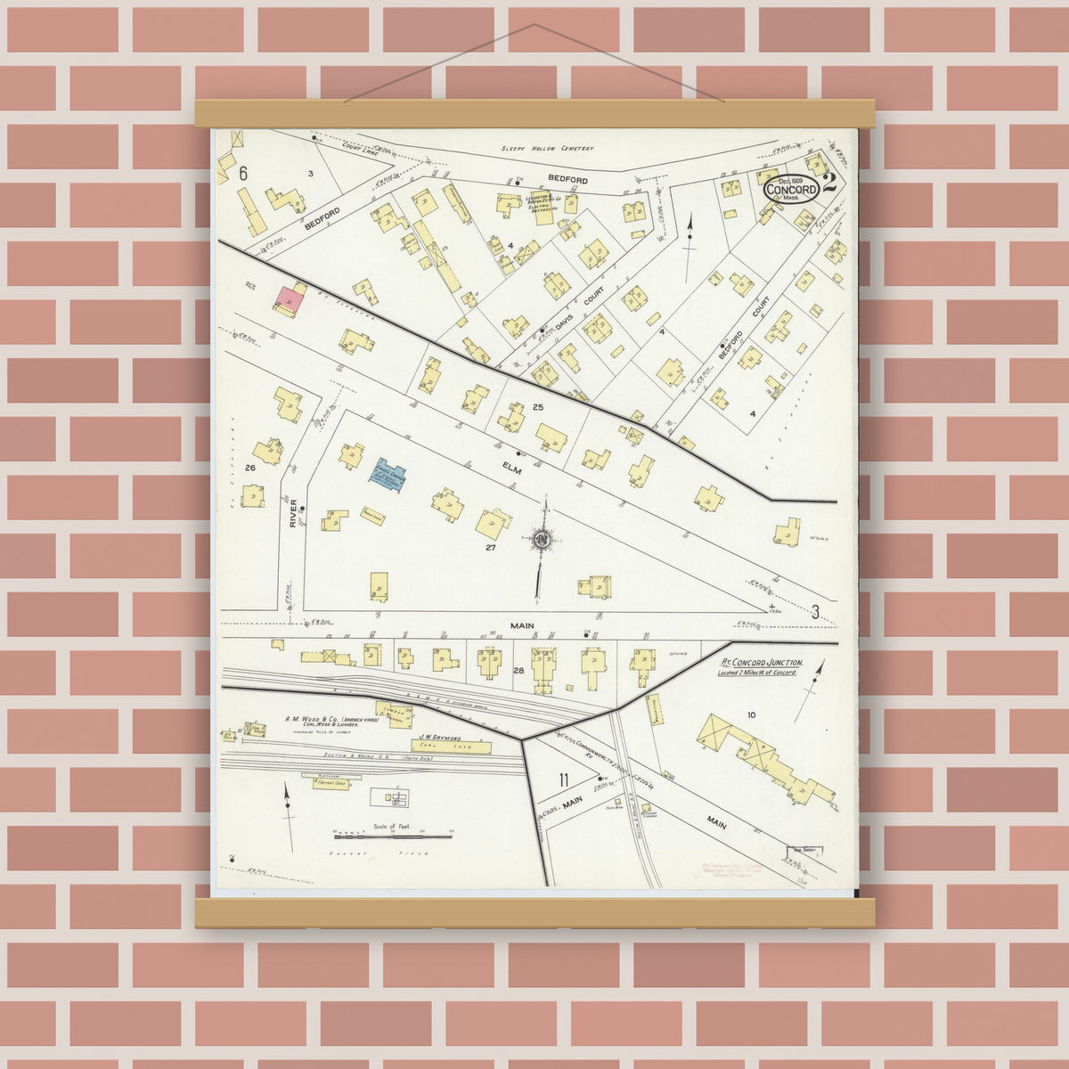 Old map wall art mockup — magnetic wood frame on brick wall — Sanborn Fire Insurance Map from Concord, Middlesex County, Massachusetts (1909), Sheet #0002