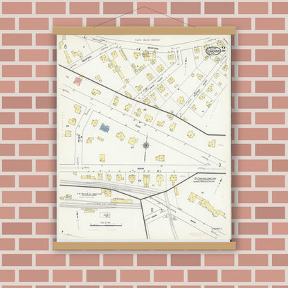 Old map wall art mockup — magnetic wood frame on brick wall — Sanborn Fire Insurance Map from Concord, Middlesex County, Massachusetts (1909), Sheet #0002