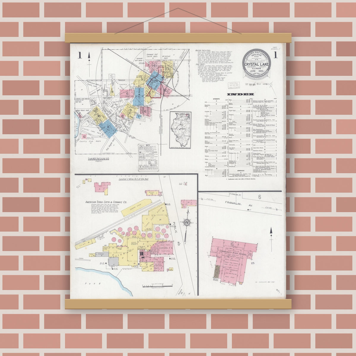 Old map wall art mockup — magnetic wood frame on brick wall — Sanborn Fire Insurance Map from Crystal Lake, McHenry County, Illinois (1929) - Complete Map Set