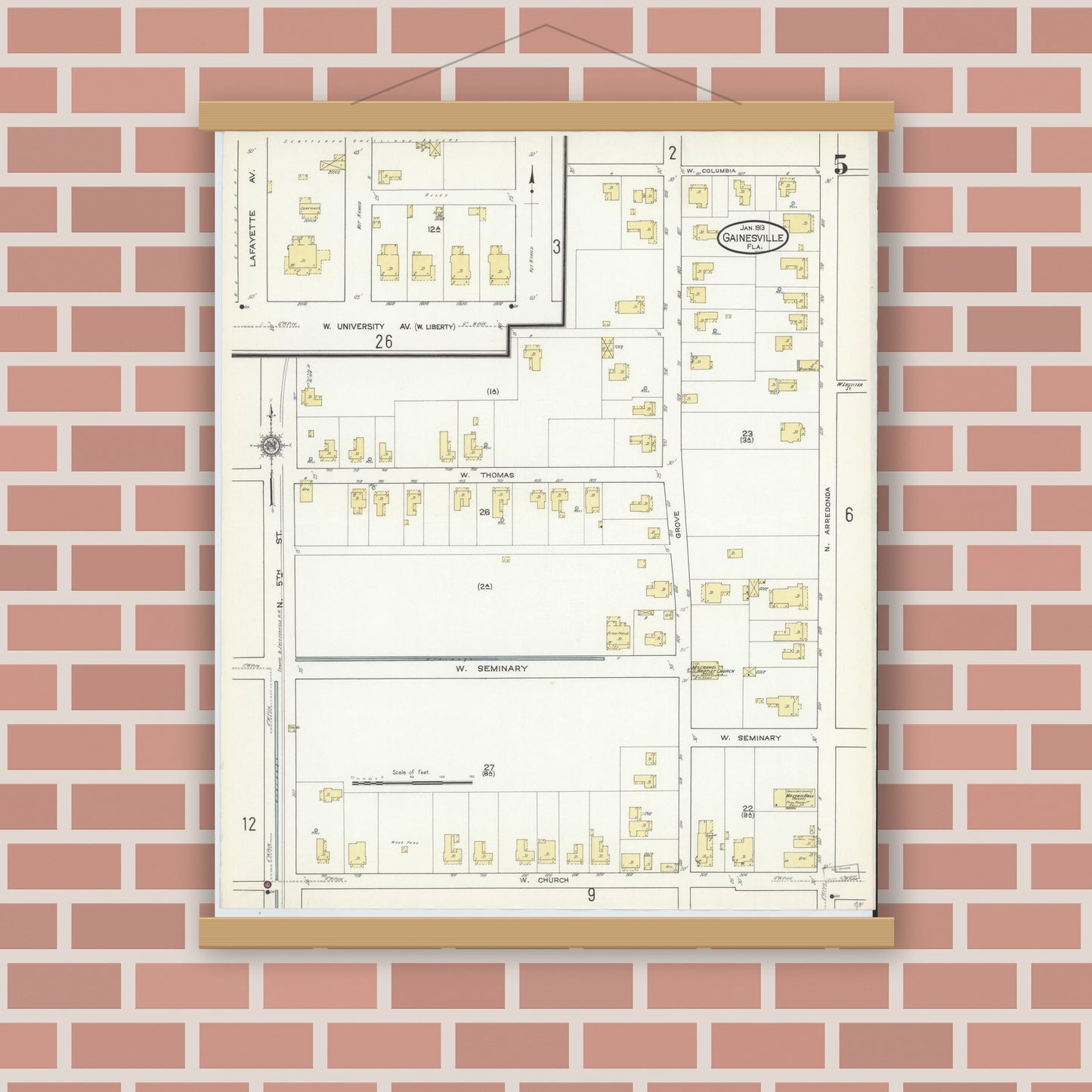 Old map wall art mockup — magnetic wood frame on brick wall — Sanborn Fire Insurance Map from Gainesville, Alachua County, Florida (1913), Sheet #0005