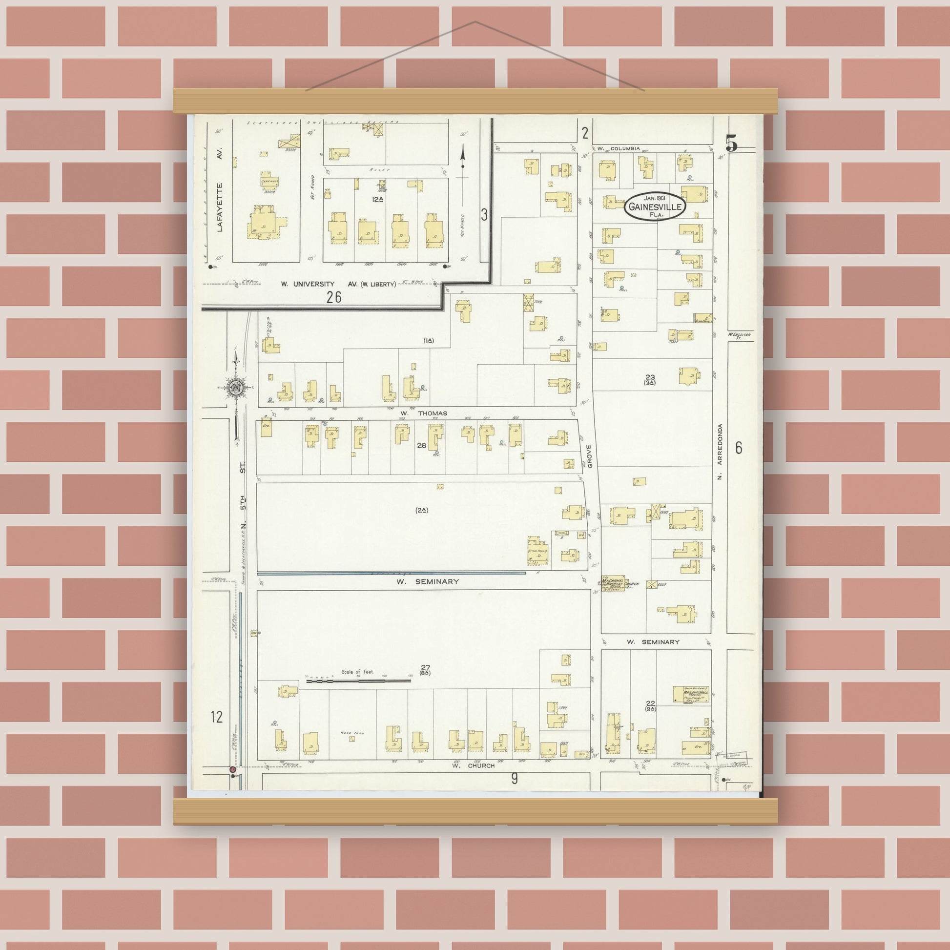Old map wall art mockup — magnetic wood frame on brick wall — Sanborn Fire Insurance Map from Gainesville, Alachua County, Florida (1913), Sheet #0005