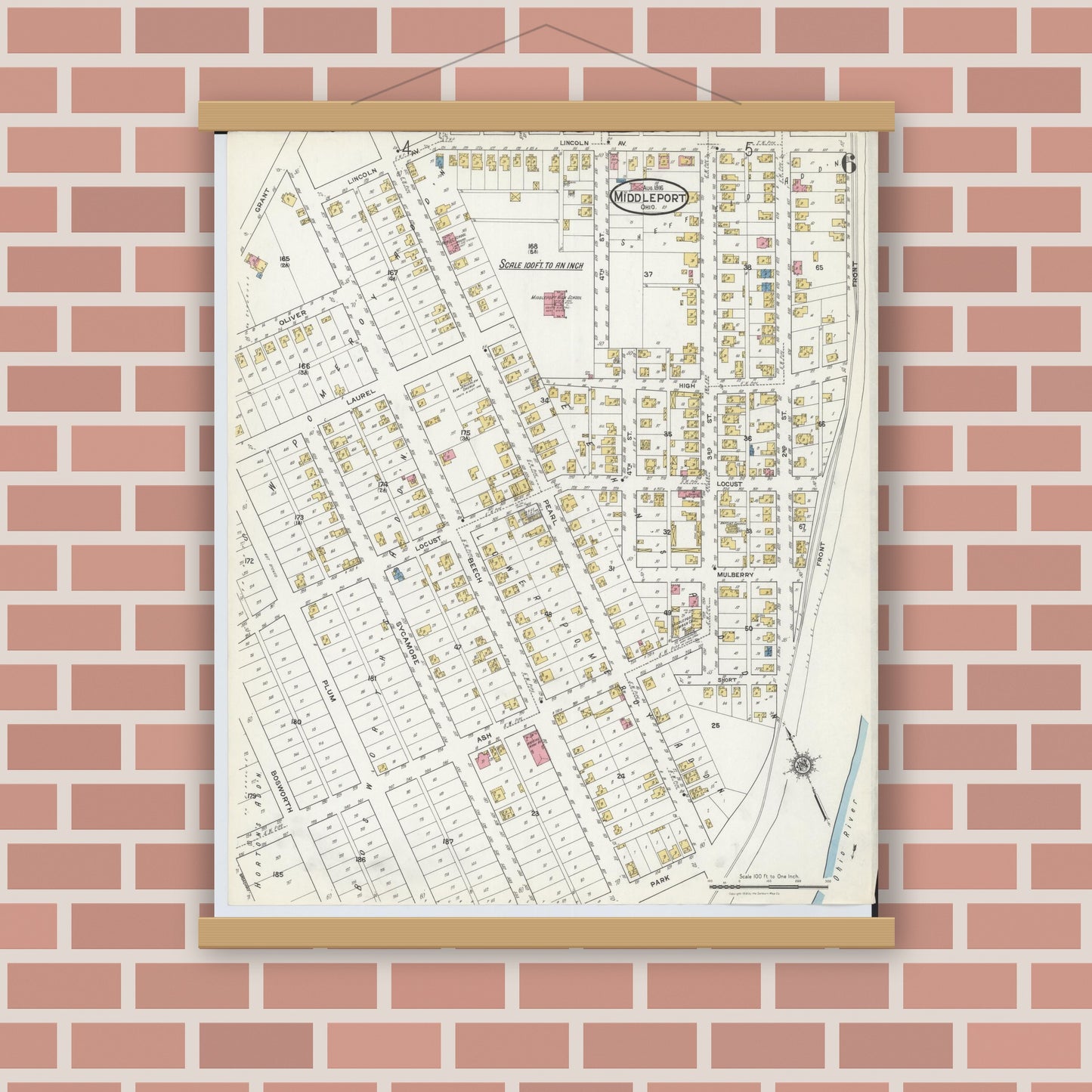 Old map wall art mockup — magnetic wood frame on brick wall — Sanborn Fire Insurance Map from Middleport, Meigs County, Ohio (1916), Sheet #0006