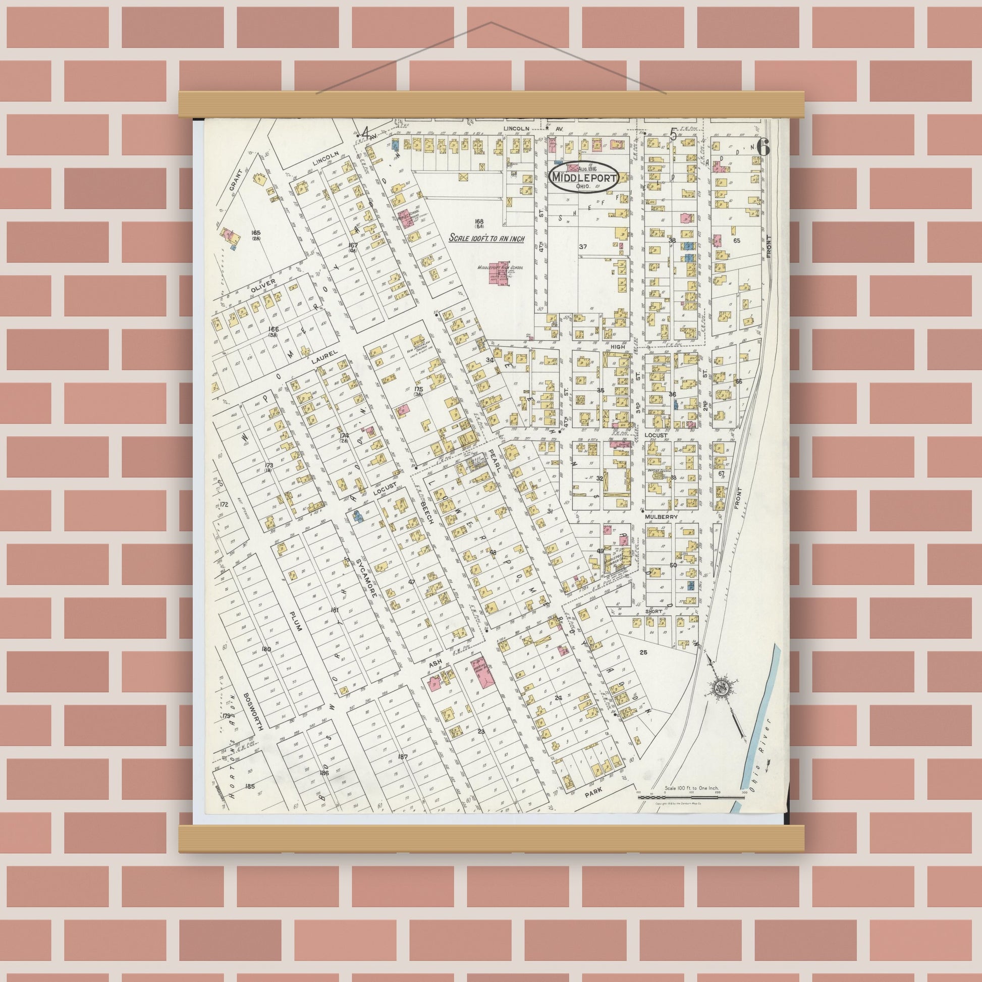 Old map wall art mockup — magnetic wood frame on brick wall — Sanborn Fire Insurance Map from Middleport, Meigs County, Ohio (1916), Sheet #0006