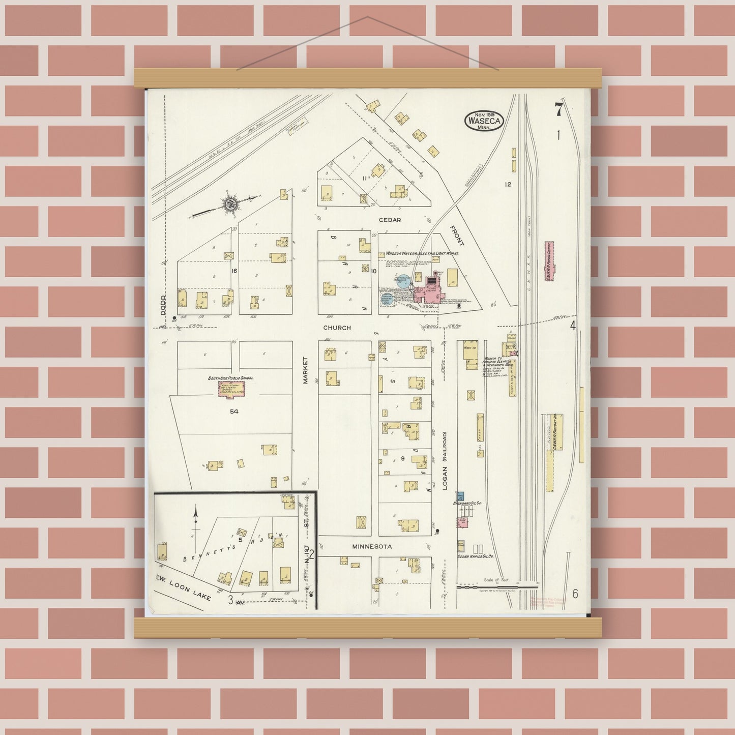 Old map wall art mockup — magnetic wood frame on brick wall — Sanborn Fire Insurance Map from Waseca, Waseca County, Minnesota (1919), Sheet #0007