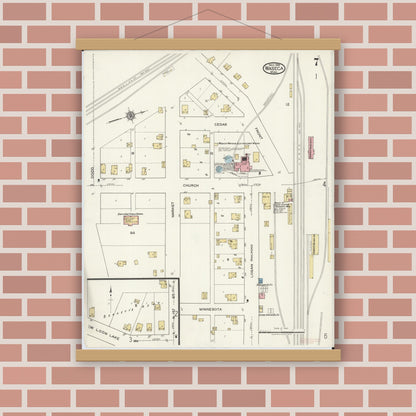 Old map wall art mockup — magnetic wood frame on brick wall — Sanborn Fire Insurance Map from Waseca, Waseca County, Minnesota (1919), Sheet #0007
