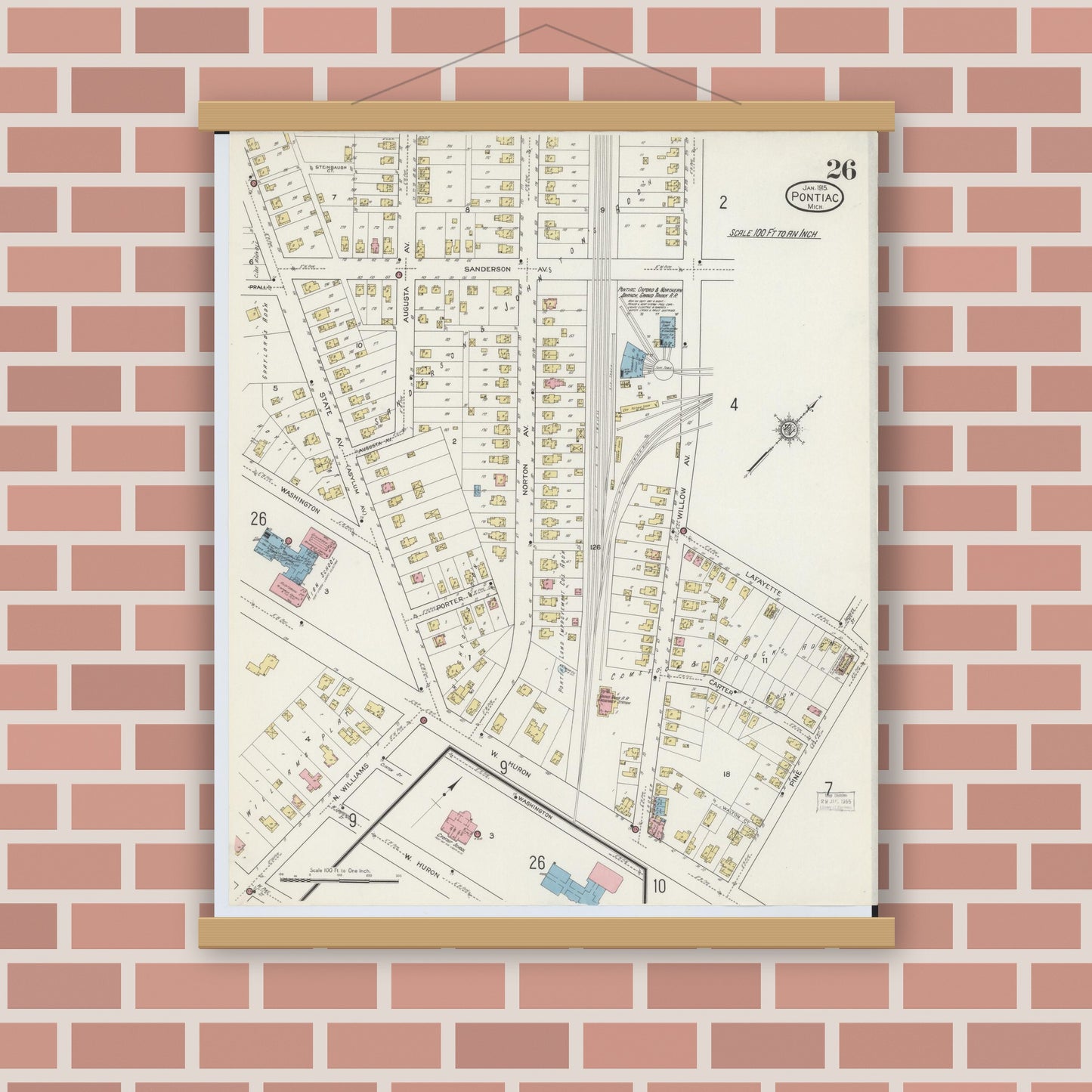 Old map wall art mockup — magnetic wood frame on brick wall — Sanborn Fire Insurance Map from Pontiac, Oakland County, Michigan (1915), Sheet #0026