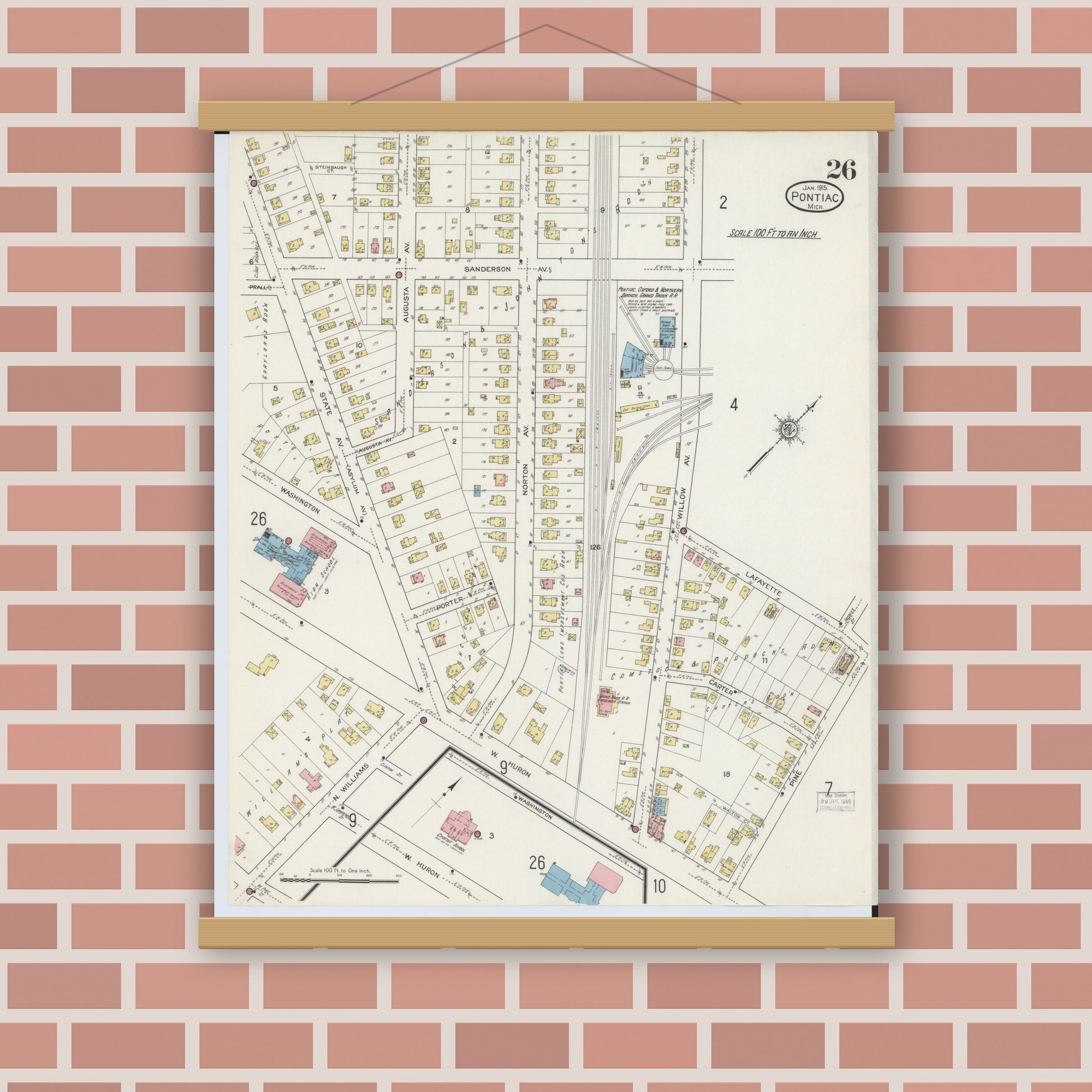 Old map wall art mockup — magnetic wood frame on brick wall — Sanborn Fire Insurance Map from Pontiac, Oakland County, Michigan (1915), Sheet #0026