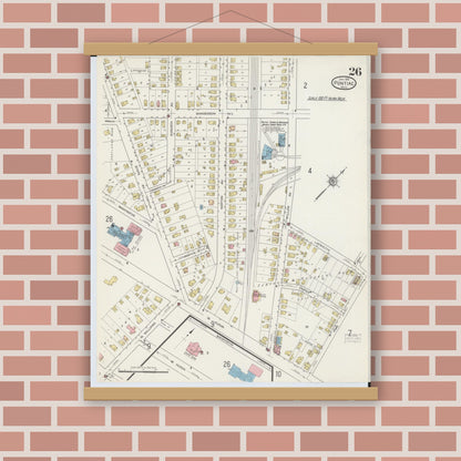 Old map wall art mockup — magnetic wood frame on brick wall — Sanborn Fire Insurance Map from Pontiac, Oakland County, Michigan (1915), Sheet #0026
