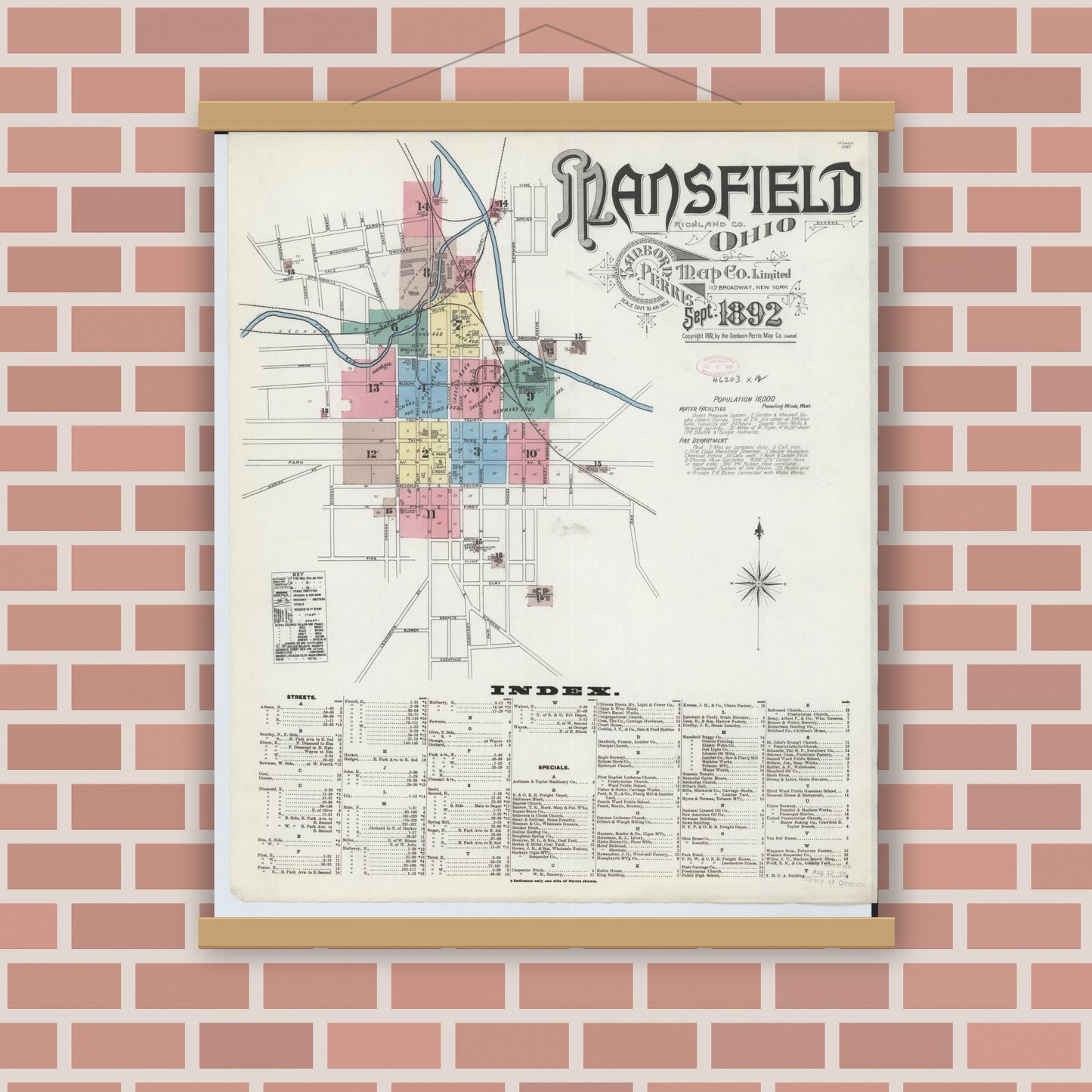 Old map wall art mockup — magnetic wood frame on brick wall — Sanborn Fire Insurance Map from Mansfield, Richland County, Ohio (1892), Sheet #0001