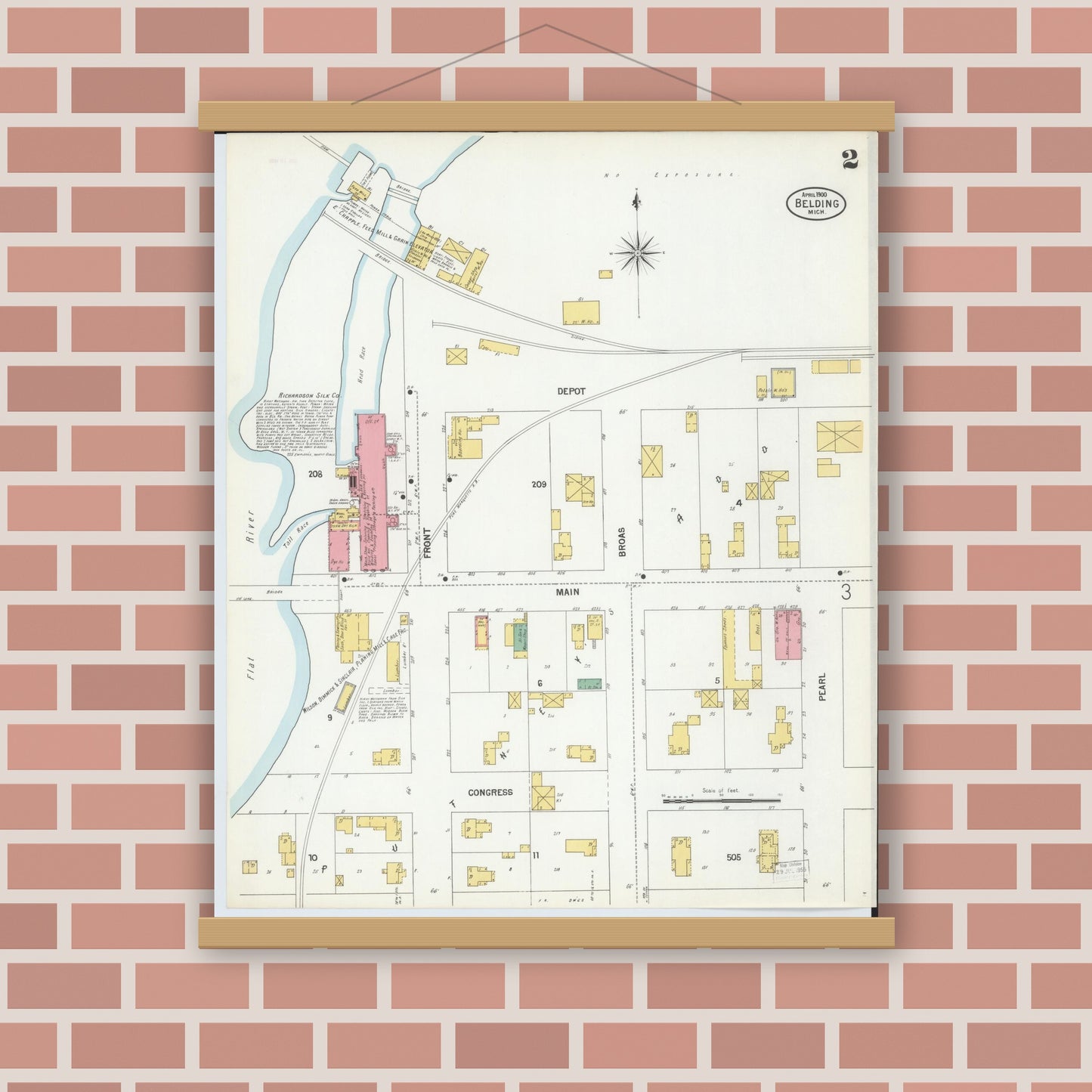 Old map wall art mockup — magnetic wood frame on brick wall — Sanborn Fire Insurance Map from Belding, Ionia County, Michigan (1900), Sheet #0002