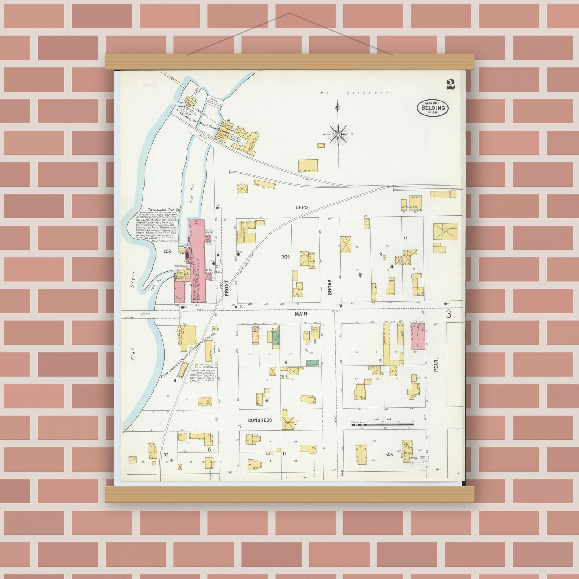 Old map wall art mockup — magnetic wood frame on brick wall — Sanborn Fire Insurance Map from Belding, Ionia County, Michigan (1900), Sheet #0002