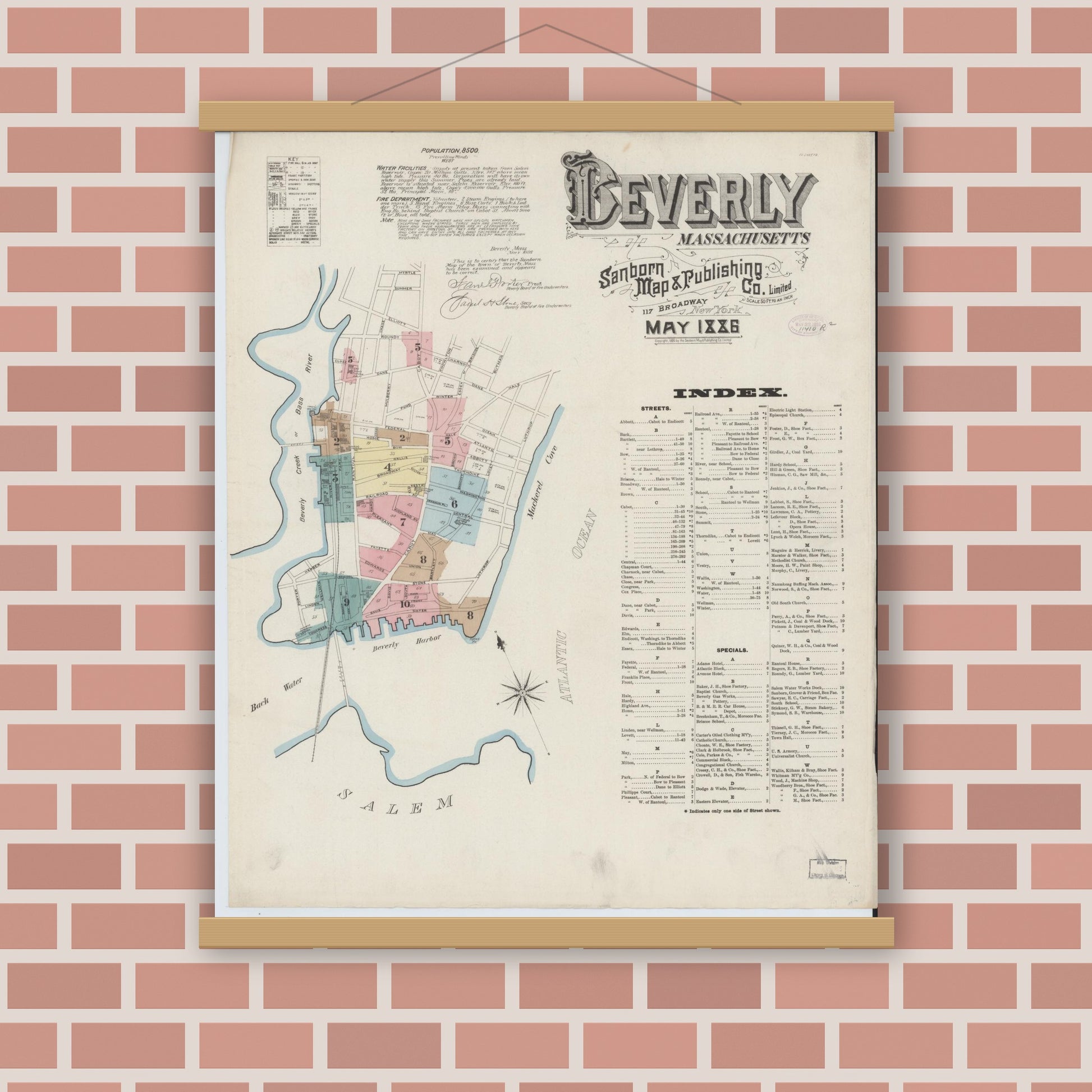Old map wall art mockup — magnetic wood frame on brick wall — Sanborn Fire Insurance Map from Beverly, Essex County, Massachusetts (1886), Sheet #0001