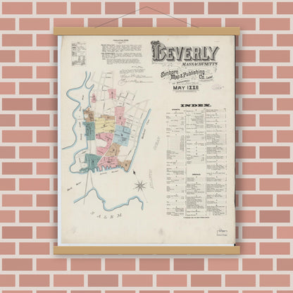 Old map wall art mockup — magnetic wood frame on brick wall — Sanborn Fire Insurance Map from Beverly, Essex County, Massachusetts (1886), Sheet #0001