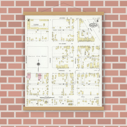 Old map wall art mockup — magnetic wood frame on brick wall — Sanborn Fire Insurance Map from Harlingen, Cameron County, Texas (1925), Sheet #0004