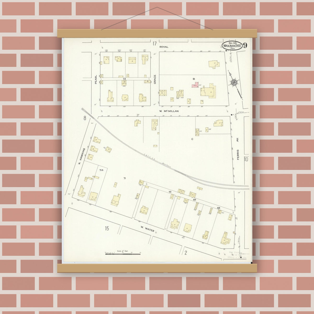 Old map wall art mockup — magnetic wood frame on brick wall — Sanborn Fire Insurance Map from Waxahachie, Ellis County, Texas (1914), Sheet #0009