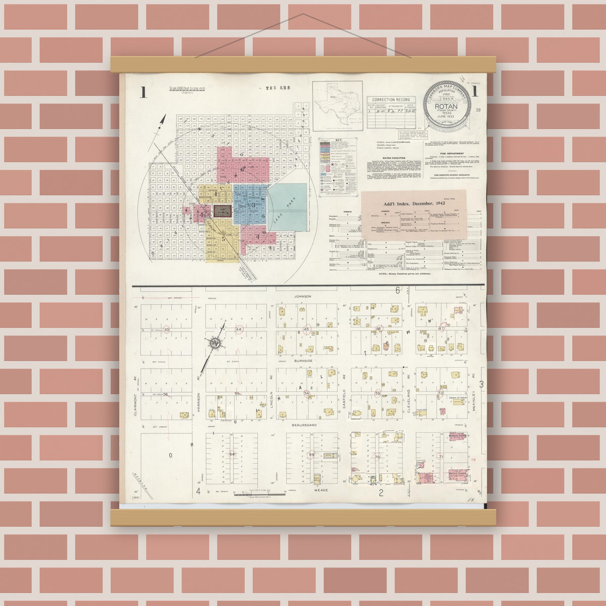 Old map wall art mockup — magnetic wood frame on brick wall — Sanborn Fire Insurance Map from Rotan, Fisher County, Texas (1940) - Complete Map Set