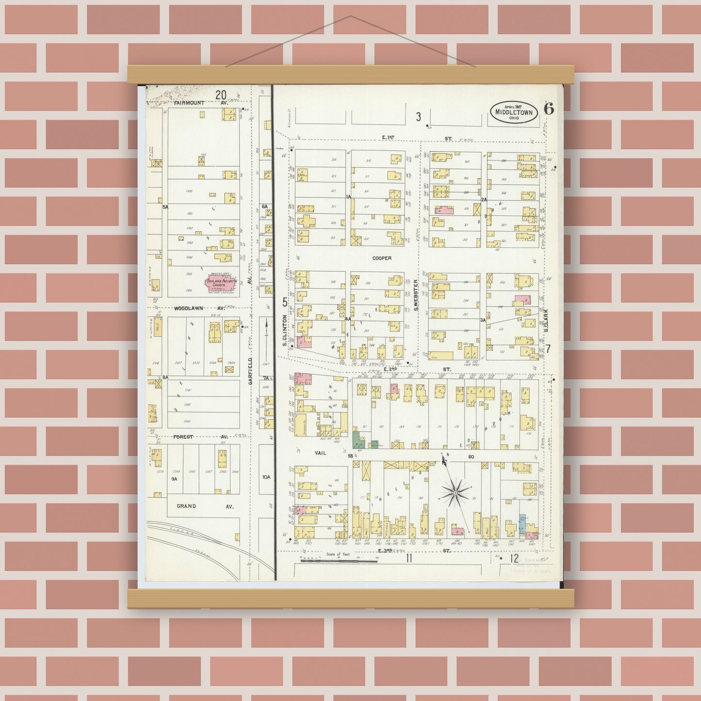 Old map wall art mockup — magnetic wood frame on brick wall — Sanborn Fire Insurance Map from Middletown, Butler County, Ohio (1907), Sheet #0006