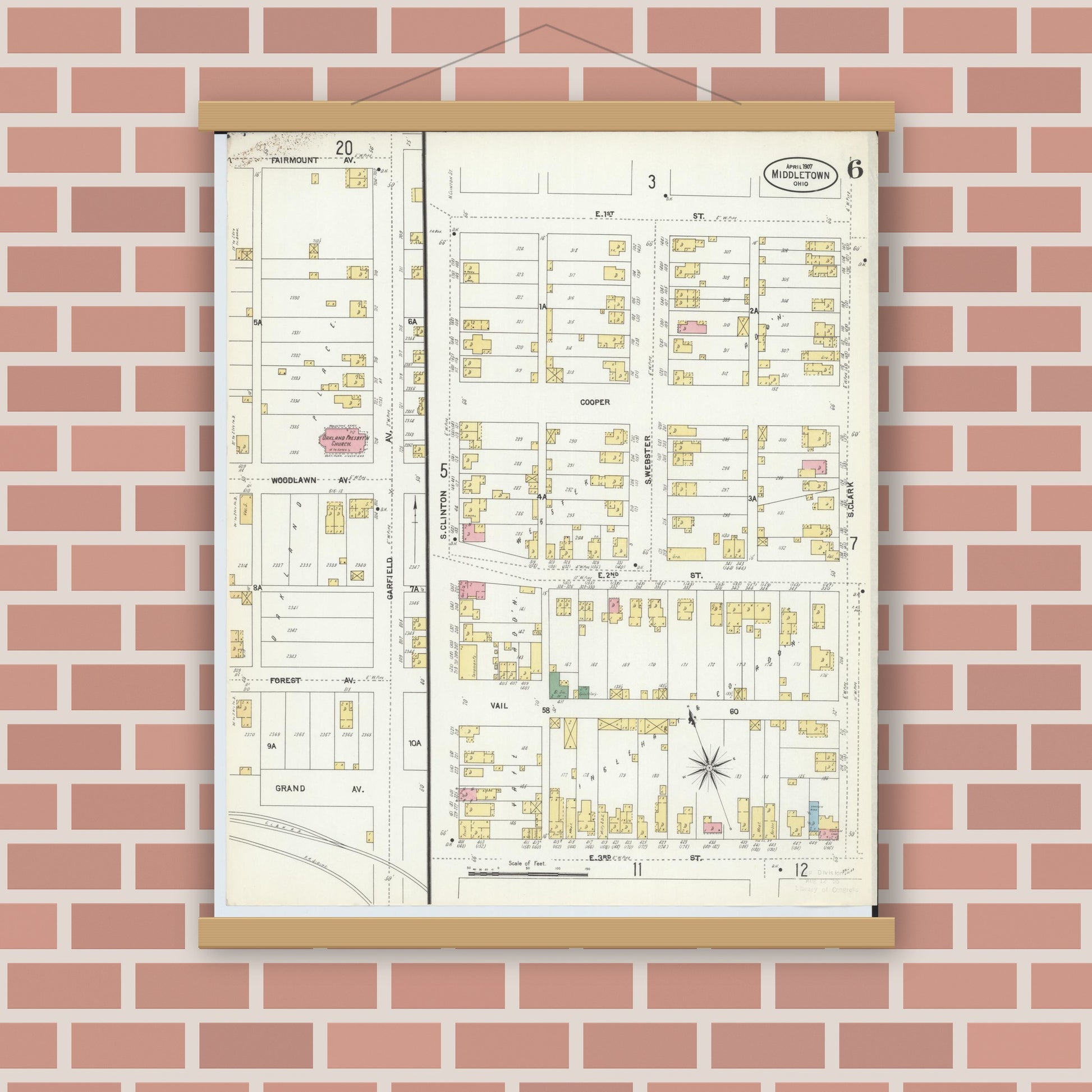 Old map wall art mockup — magnetic wood frame on brick wall — Sanborn Fire Insurance Map from Middletown, Butler County, Ohio (1907), Sheet #0006