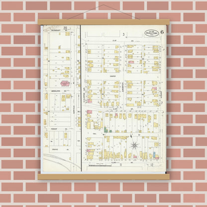 Old map wall art mockup — magnetic wood frame on brick wall — Sanborn Fire Insurance Map from Middletown, Butler County, Ohio (1907), Sheet #0006