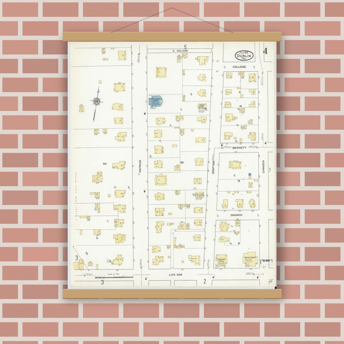 Old map wall art mockup — magnetic wood frame on brick wall — Sanborn Fire Insurance Map from Dublin, Erath County, Texas (1912), Sheet #0004