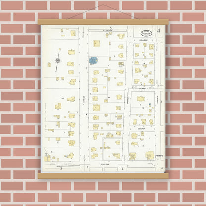 Old map wall art mockup — magnetic wood frame on brick wall — Sanborn Fire Insurance Map from Dublin, Erath County, Texas (1912), Sheet #0004