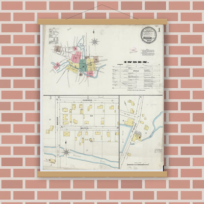 Old map wall art mockup — magnetic wood frame on brick wall — Sanborn Fire Insurance Map from Hudson, Middlesex County, Massachusetts (1894) - Complete Map Set