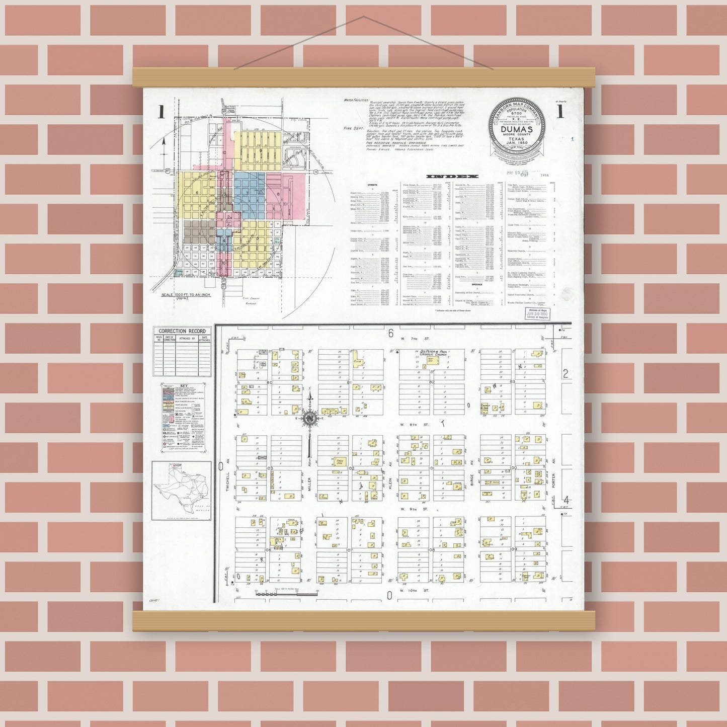 Old map wall art mockup — magnetic wood frame on brick wall — Sanborn Fire Insurance Map from Dumas, Moore County, Texas (1950) - Complete Map Set
