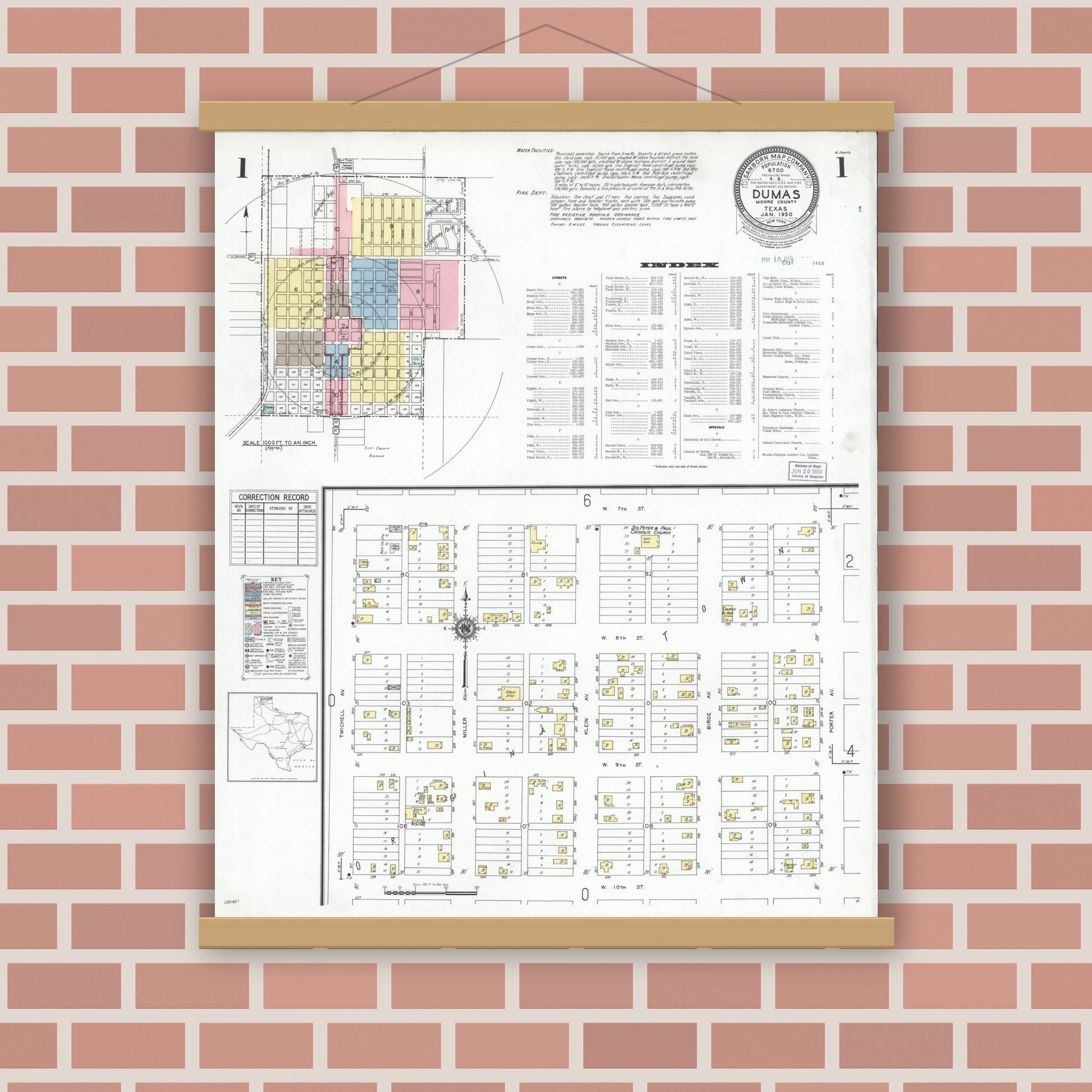 Old map wall art mockup — magnetic wood frame on brick wall — Sanborn Fire Insurance Map from Dumas, Moore County, Texas (1950) - Complete Map Set