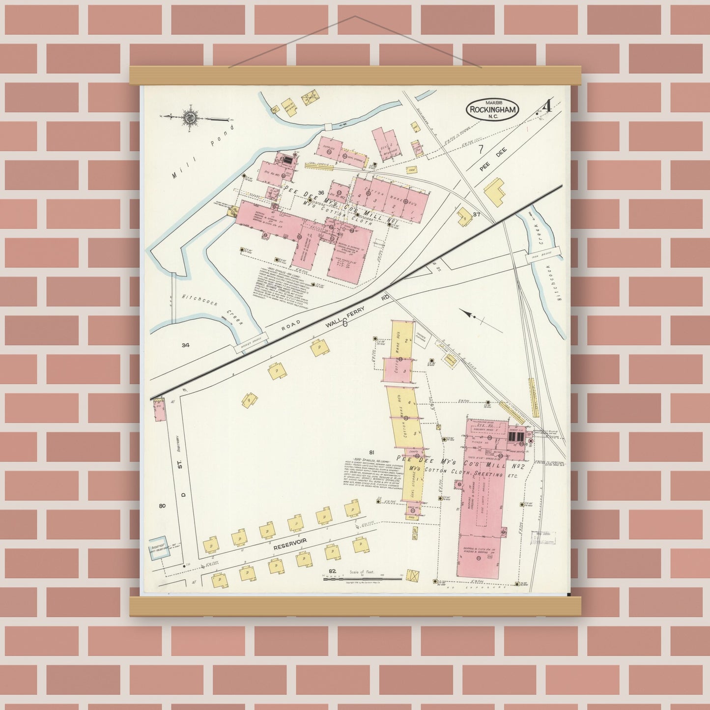Old map wall art mockup — magnetic wood frame on brick wall — Sanborn Fire Insurance Map from Rockingham, Richmond County, North Carolina (1918), Sheet #0004