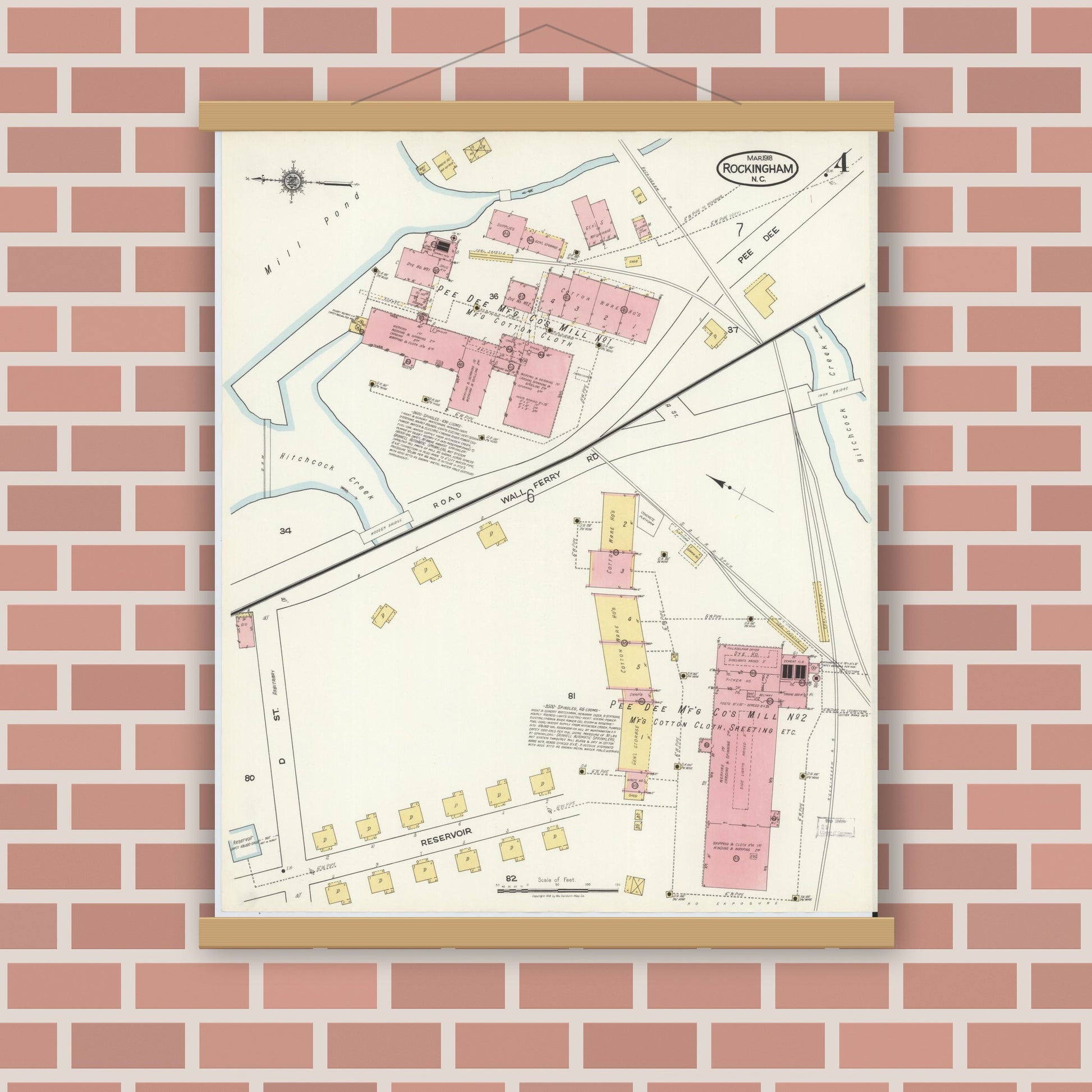 Old map wall art mockup — magnetic wood frame on brick wall — Sanborn Fire Insurance Map from Rockingham, Richmond County, North Carolina (1918), Sheet #0004