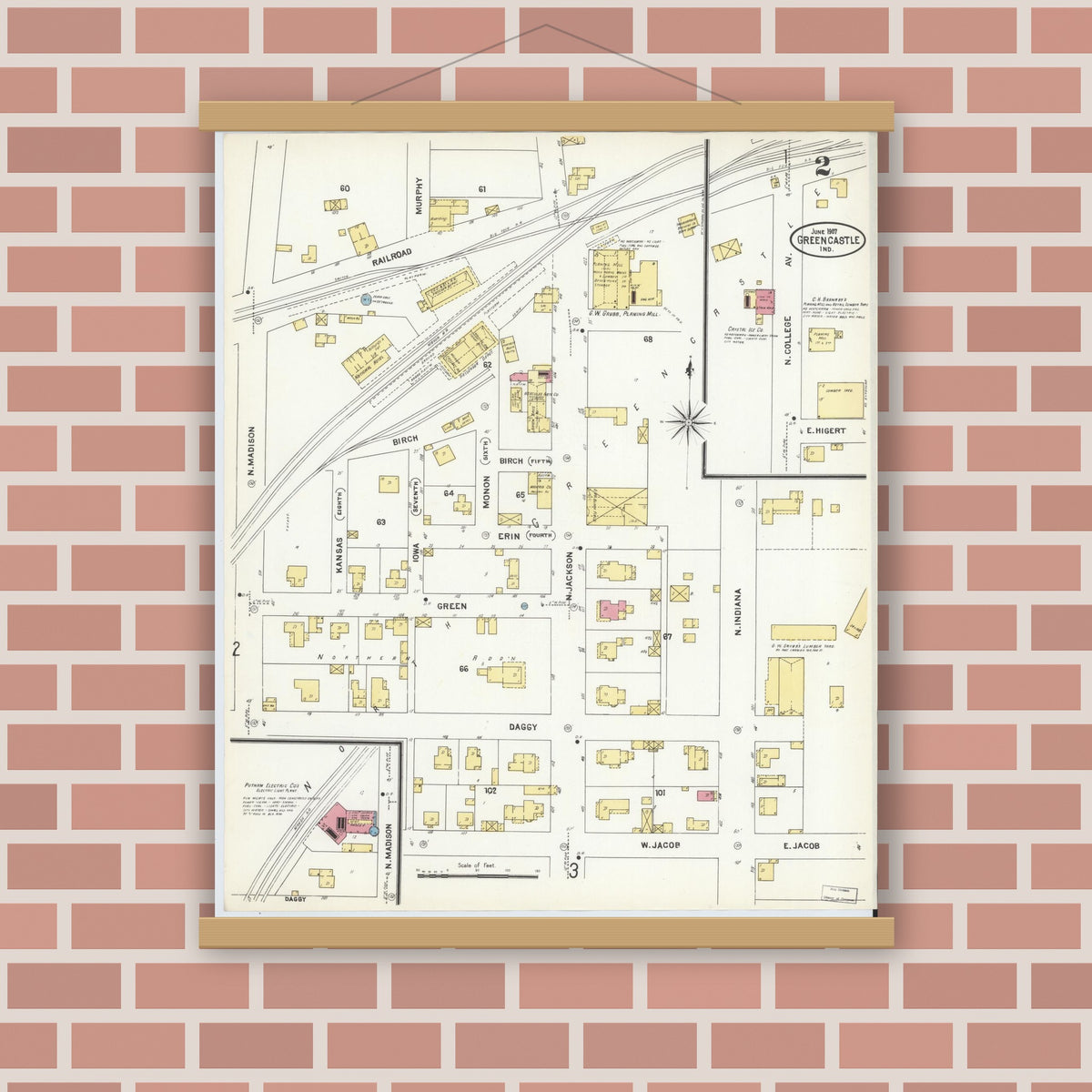 Old map wall art mockup — magnetic wood frame on brick wall — Sanborn Fire Insurance Map from Greencastle, Putnam County, Indiana (1907), Sheet #0002