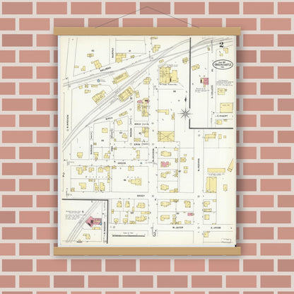 Old map wall art mockup — magnetic wood frame on brick wall — Sanborn Fire Insurance Map from Greencastle, Putnam County, Indiana (1907), Sheet #0002