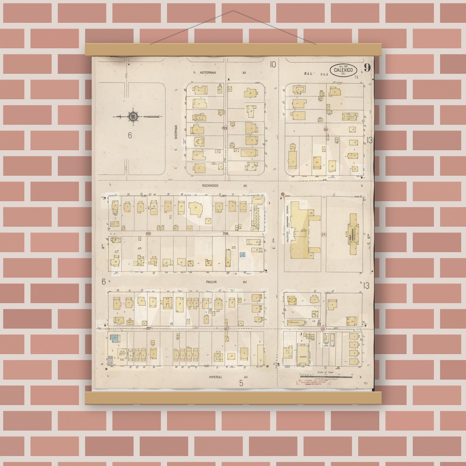 Old map wall art mockup — magnetic wood frame on brick wall — Sanborn Fire Insurance Map from Calexico, Imperial County, California (1949), Sheet #0009