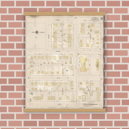 Old map wall art mockup — magnetic wood frame on brick wall — Sanborn Fire Insurance Map from Calexico, Imperial County, California (1949), Sheet #0009
