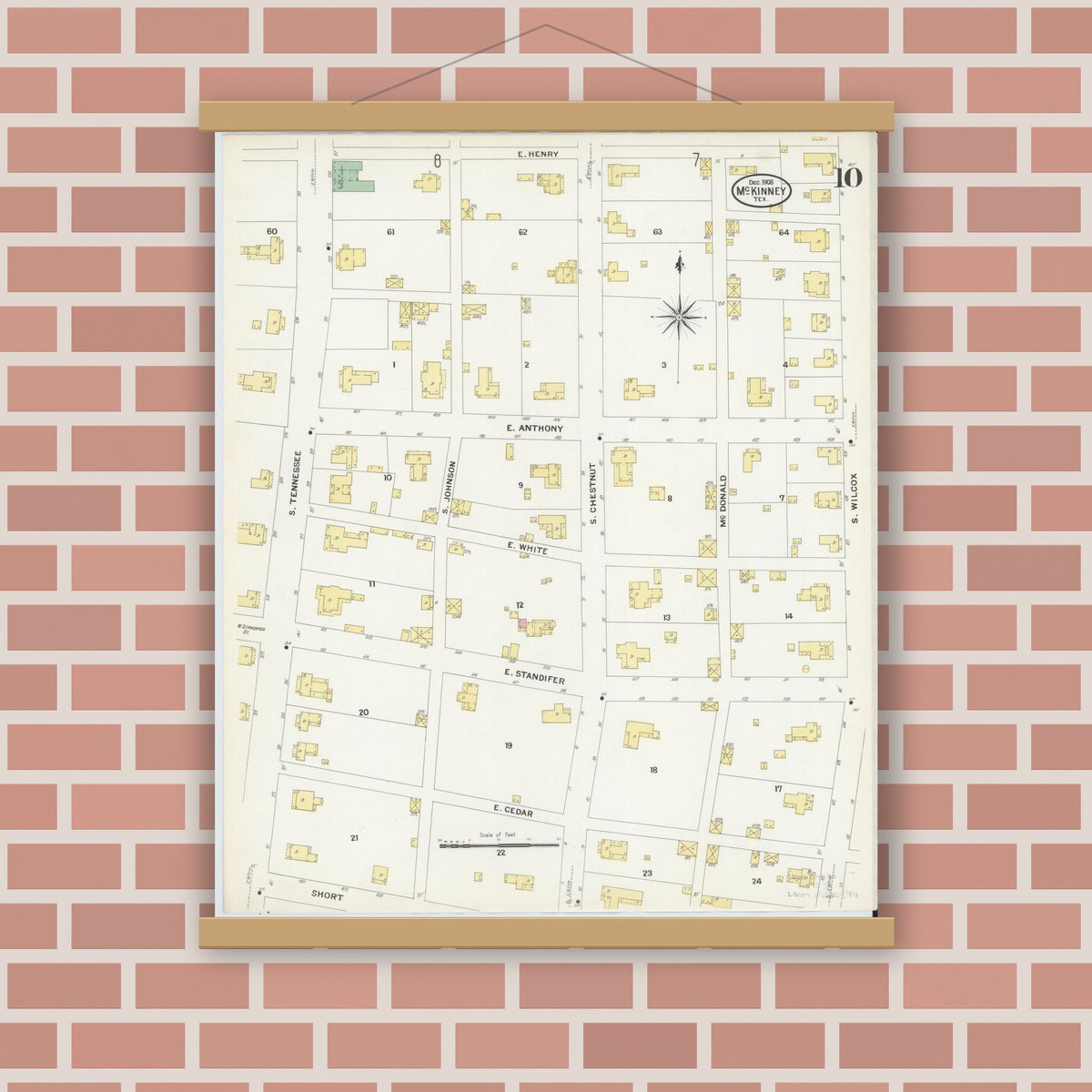 Old map wall art mockup — magnetic wood frame on brick wall — Sanborn Fire Insurance Map from McKinney, Collin County, Texas (1908), Sheet #0010