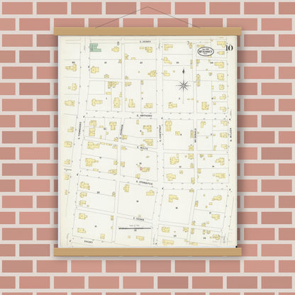 Old map wall art mockup — magnetic wood frame on brick wall — Sanborn Fire Insurance Map from McKinney, Collin County, Texas (1908), Sheet #0010