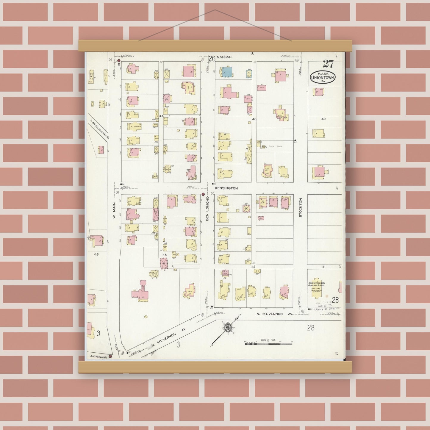 Old map wall art mockup — magnetic wood frame on brick wall — Sanborn Fire Insurance Map from Uniontown, Fayette County, Pennsylvania (1914), Sheet #0027