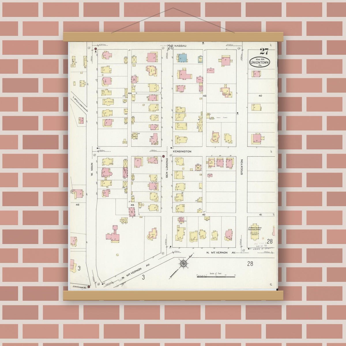Old map wall art mockup — magnetic wood frame on brick wall — Sanborn Fire Insurance Map from Uniontown, Fayette County, Pennsylvania (1914), Sheet #0027