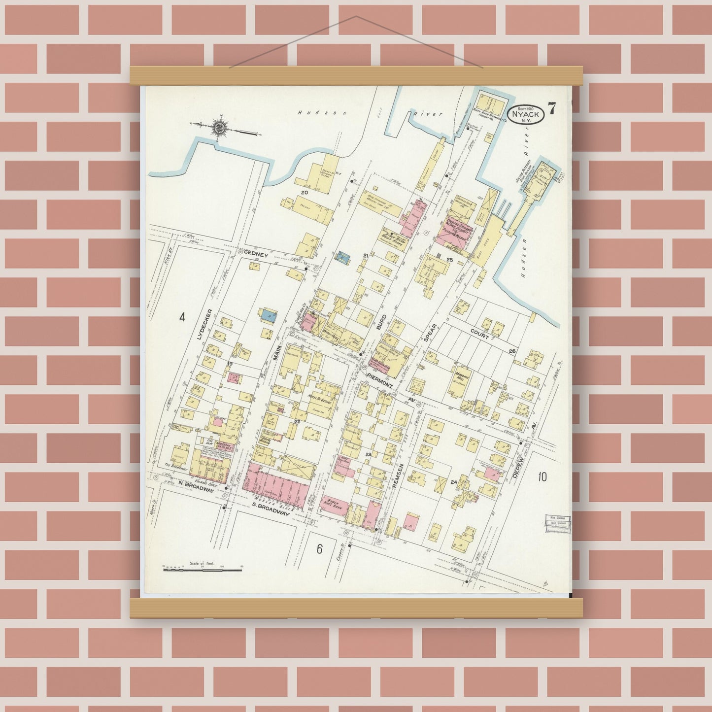 Old map wall art mockup — magnetic wood frame on brick wall — Sanborn Fire Insurance Map from Nyack, Rockland County, New York. (1910), Sheet #0007